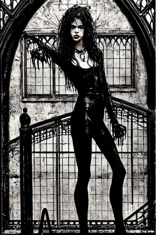 Prompt: dreamy gothic girl, black leather slim clothes, chains, wet hall stairs, beautiful body, detailed acrylic, grunge, intricate complexity, by dan mumford and by alberto giacometti, peter lindbergh