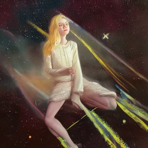 Image similar to a striking hyper real painting of Elle Fanning in space by Craig Mullins