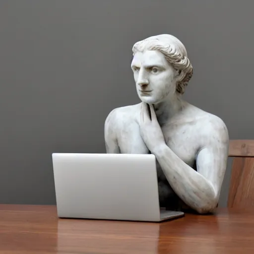 Prompt: a marble statue sitting at a desk with a frustration expression and a laptop on the desk