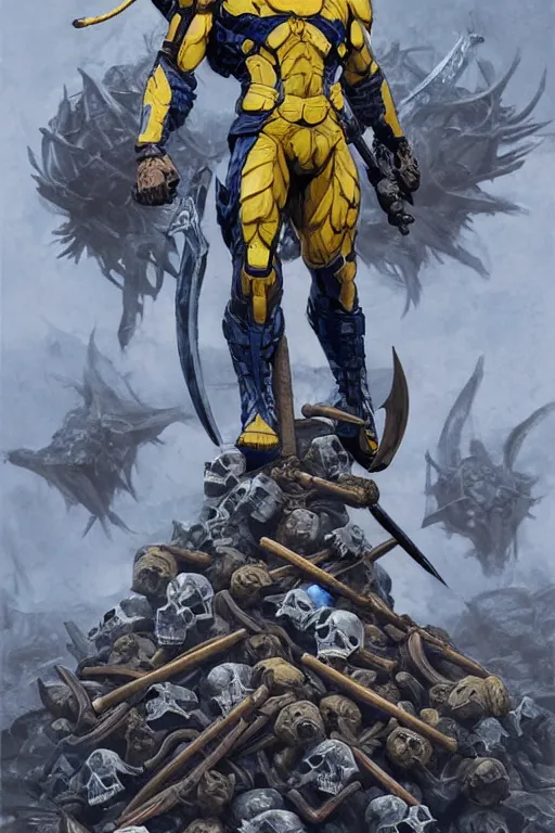 Image similar to a distant shot of a super soldier with blue and yellow flag and a trident symbol standing alone on a huge pile of skulls as a winner, masculine figure, D&D, fantasy, intricate, elegant, highly detailed, extremely detailed, digital painting, artstation, concept art, matte, smooth, sharp focus, illustration, art by Artgerm and Greg Rutkowski and Alphonse Mucha