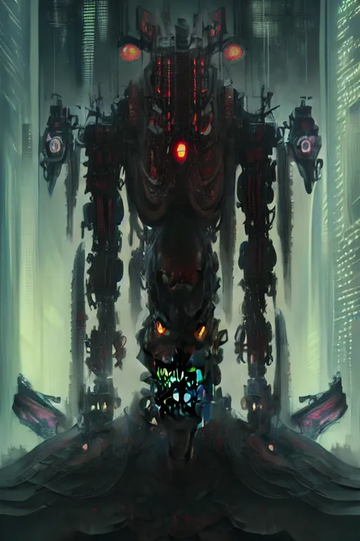 Image similar to dreamland of chinese, ghost, sharp, slender and densely arranged teeth, dystopian, cyberpunk, nanotech demonic monster horror, mecha, ominous, intricate, studio, art by anthony macbain + greg rutkowski + alphonse mucha, concept art, 4 k, sharp focus