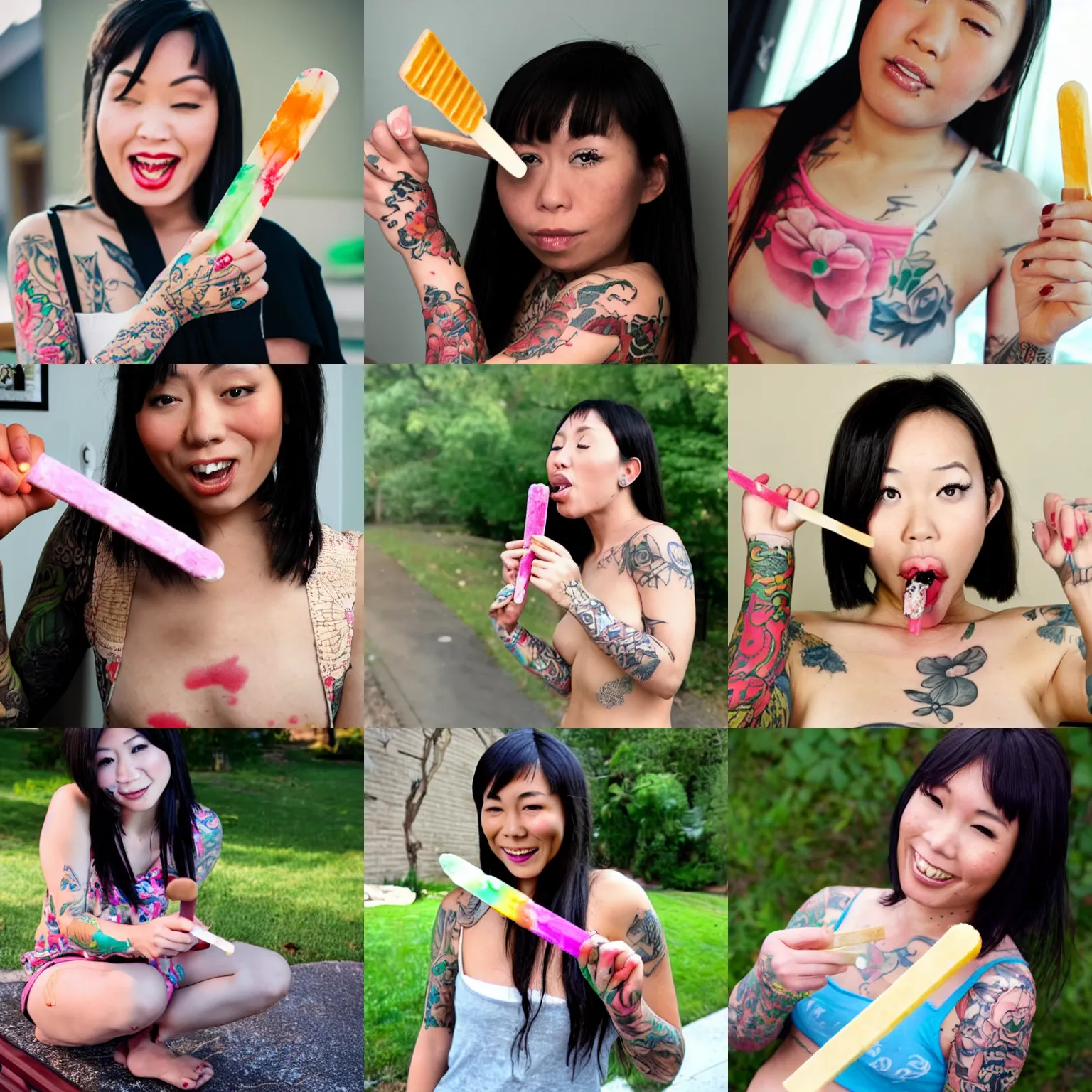 Prompt: young tattooed asian mom eating a popsicle