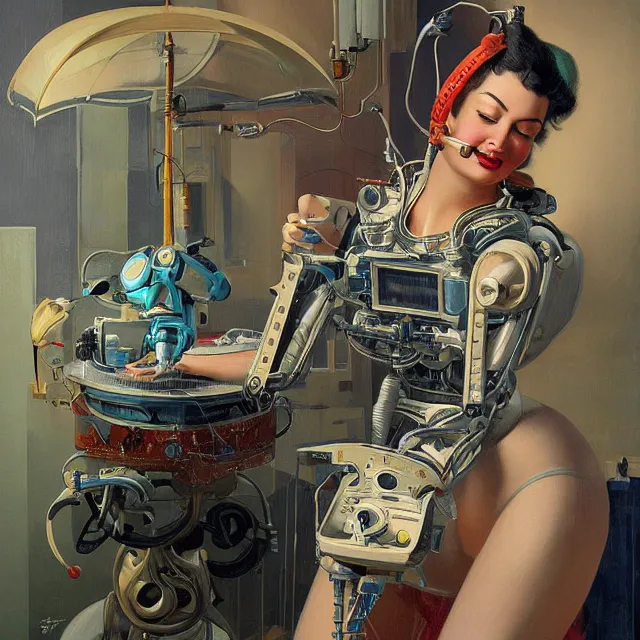 Image similar to robot artist painting a self - portrait on a canvas. intricate, highly detailed, digital matte painting in the style of gil elvgren and in the style of sachin teng and in the style of h. r. giger. irony, recursion, inspiration.