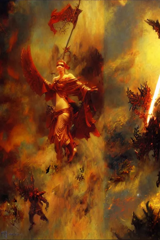 Image similar to War between heaven and hell, painting by Gaston Bussiere, Craig Mullins