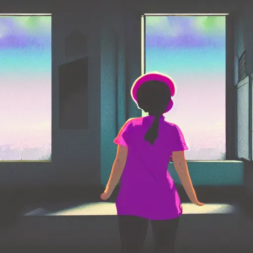 Image similar to girl looking out a window in a room full of garbage, highly detailed, vaporwave aesthetic