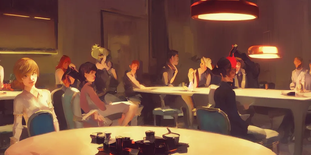 Prompt: one group of people are eating fancy looking at another group of people fighting by Craig Mullins, ilya kuvshinov, krenz cushart, artgerm trending on artstation by Edward Hopper and Dan Mumford and WLOP and Rutkovsky, Unreal Engine 5, Lumen, Nanite