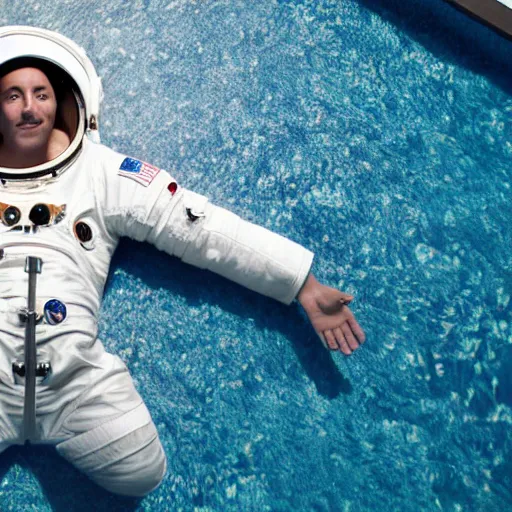 Image similar to an astronaut wearing a robe chilling in a infinity pool, magazine cover photograph