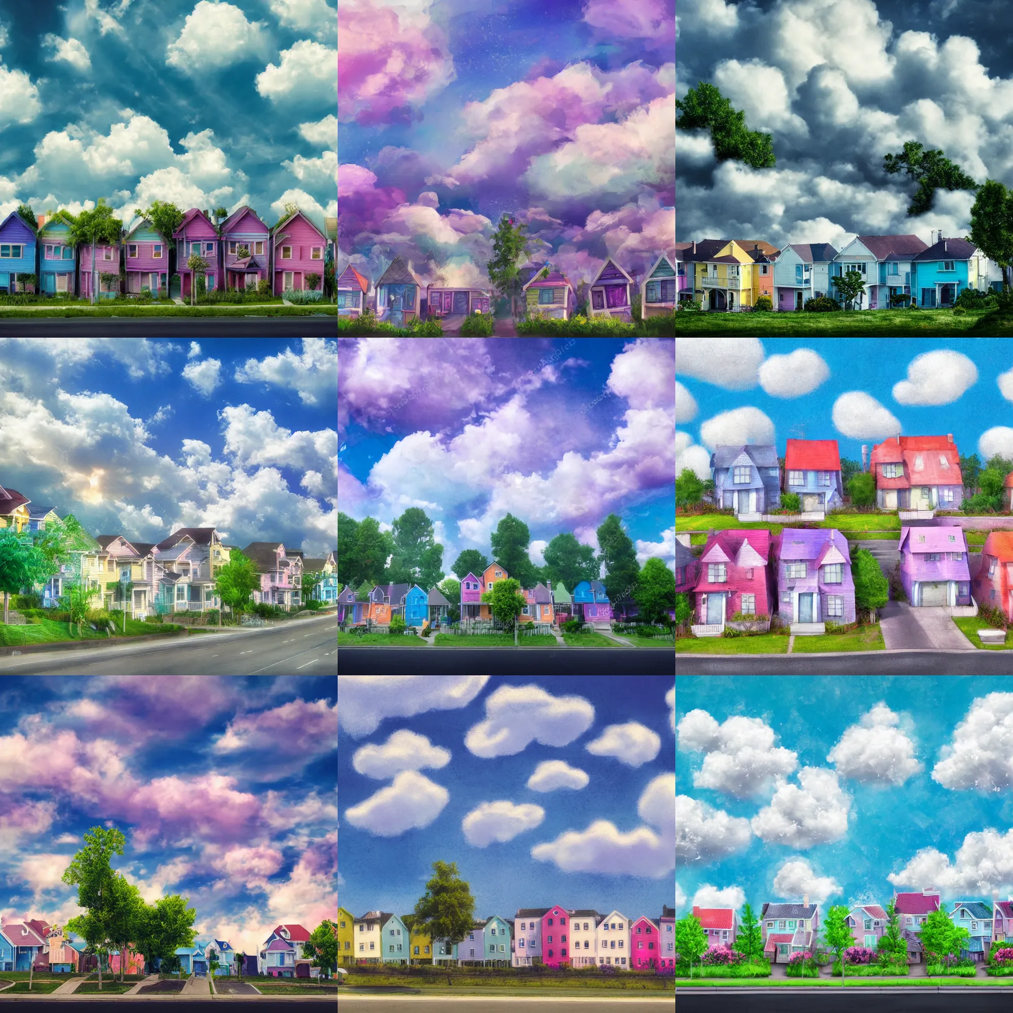 Prompt: dreamcore looking houses at the edges of the street from a small neighborhood, fluffy clouds, light soft pastel color pallete
