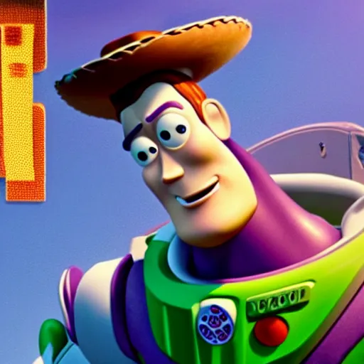 Prompt: movie still of woody and buzz lightyear from toy story 4 says goodbye to each other, detailed
