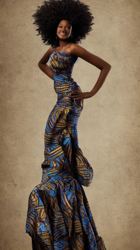 Image similar to character design, african woman, long billowing dress, realistic, photograph