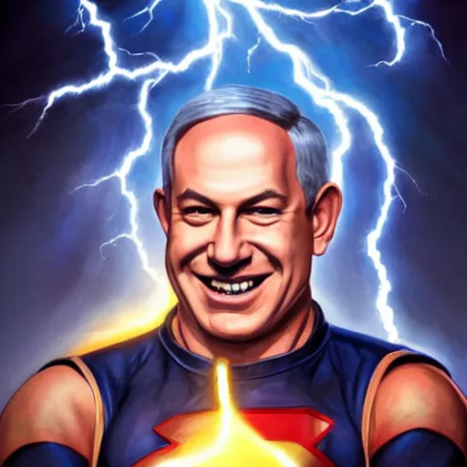Image similar to portrait of benjamin netanyahu grinning while holding lightning bolts with his hands, superhero art, by artgerm and greg rutkowski
