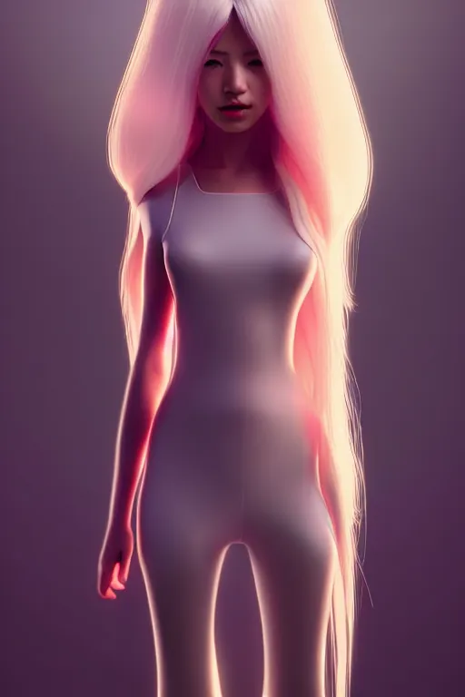 Image similar to upright and straight girl, bae suzy, scifi, futuristic design, full body model, long white hair, character design, cinematic lighting, highly detailed, by beeple, goro fujita, smooth gradient.