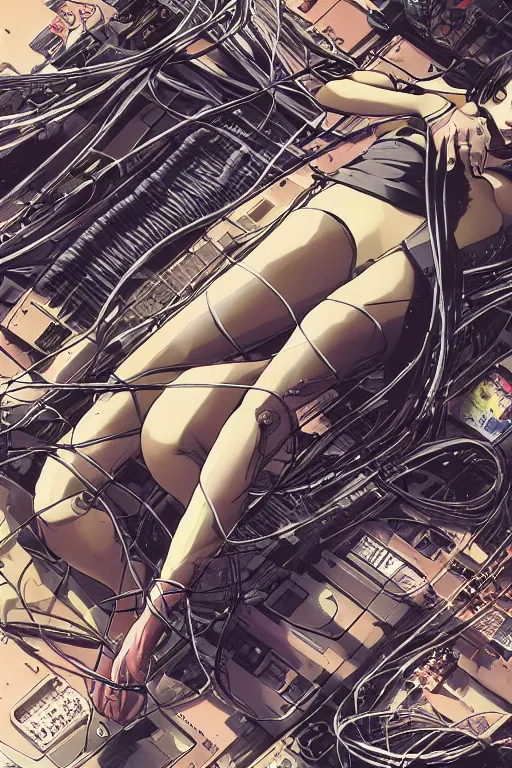 Image similar to a hyper-detailed cyberpunk illustration motoko kusanagi lying body open over an empty floor, with a mess of cables and wires coming out, by masamune shirow and katsuhiro otomo