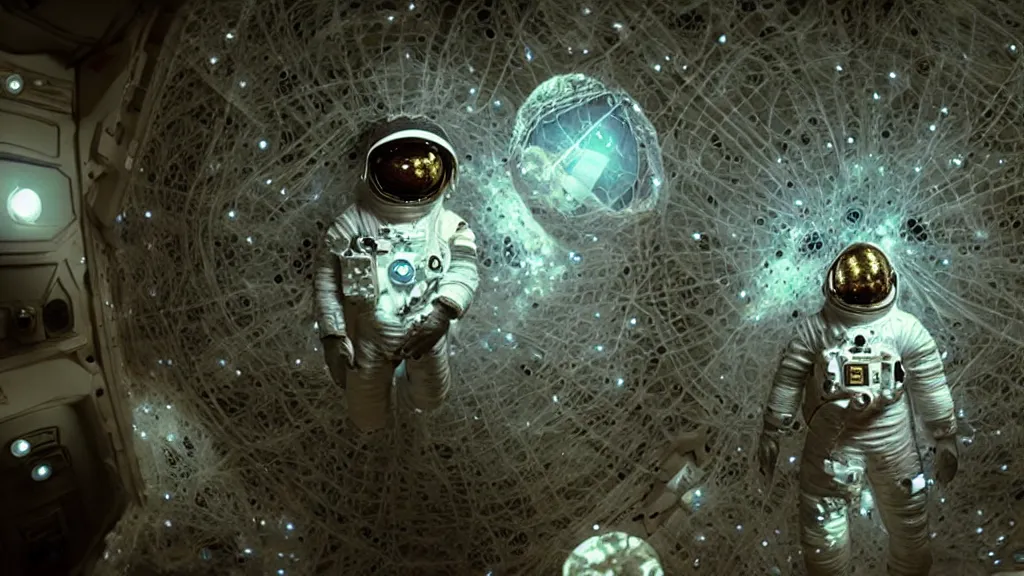 Image similar to a astronaut eva suit covered in diamond 3d fractal lace iridescent bubble 3d skin and covered with insectoid compound eye camera lenses floats through the living room, film still from the movie directed by Denis Villeneuve with art direction by Salvador Dalí, wide lens,