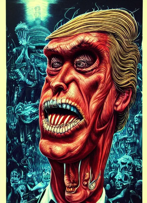 Image similar to donald trump's grotesque true form revealed, horror, high details, intricate details, by vincent di fate, artgerm julie bell beeple, 1 9 8 0 s, inking, vintage 8 0 s print, screen print