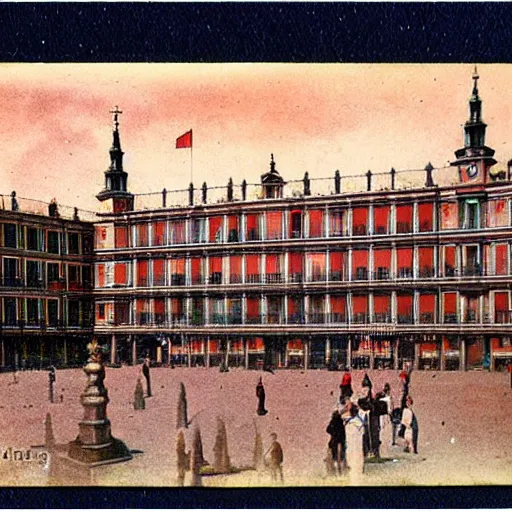 Prompt: colored postcard of la plaza mayor de madrid in 1 9 2 7 ; bromide real photo card with some additional hand - colouring