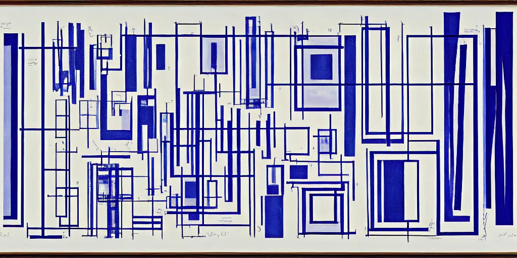 Image similar to blueprint for a woman's skeleton, josef albers, brushstrokes, white lines, oil painting