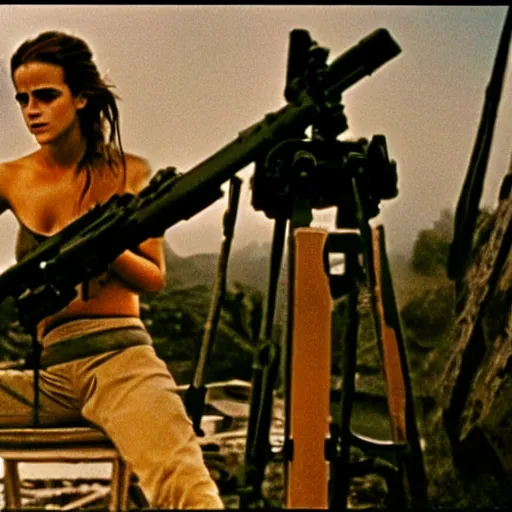 Prompt: film still, extreme far view, emma watson reloading browning 5 0 cal machine gun, film still from apocalypse now ( 1 9 7 9 ), 2 6 mm, kodak ektachrome, blue tint expired film,