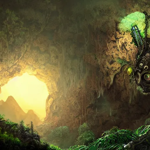 Prompt: gorgeous mechanical steampunk creature with humanlike form and two eyes looking eerily into a cave entrance that is also a portal with lush vegetation and mystical (((glowing algae))) in the sunset, desaturated, creepy ambiance, dangerous, mountains in the background, sharp focus, highly detailed, artgerm