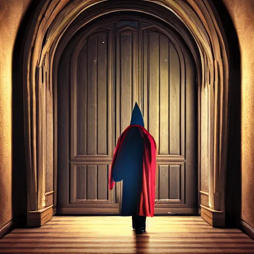 Prompt: a wizard in a cloak standing in front of the door of wisdom, tall door, high ceiling, magic light, cinematic atmosphere, high definition, ultra detailed