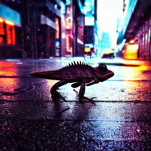 Image similar to a high quality low wide angle photo of a chameleon on the streets of a cyberpunk city, rainy, reflective ground, neon lights, realism, 8k