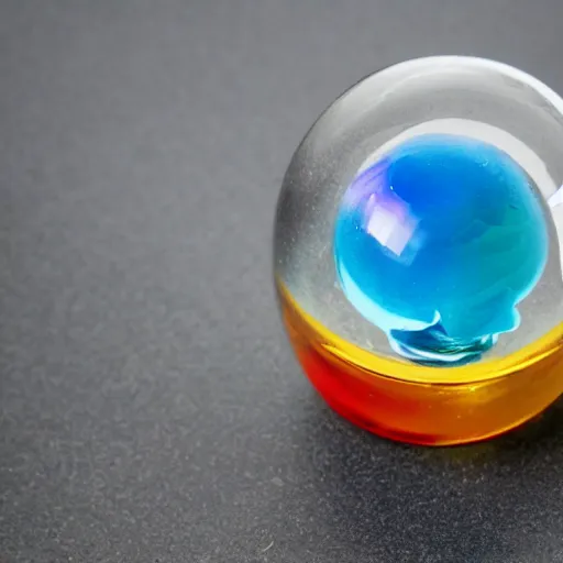 Prompt: a coloured glass sphere embedded in a block of ice