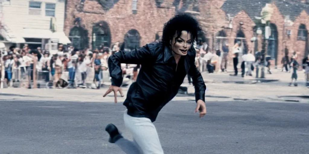 Image similar to leaked photo of Michael Jackson running down street by himself, alone, big crowd, ultra realistic, 4K, movie still, UHD, sharp, detailed, cinematic, render, modern