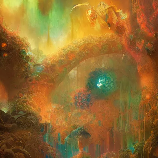 Prompt: dreamlike primordial garden glitchcore , glossy painting, Art Nouveau Cosmic 4k Detailed Matte Illustration featured on Getty Images ,CGSociety, Jade and Carrot orange color scheme, Pastiche by Marc Simonetti, Pastiche by Cedric Peyravernay