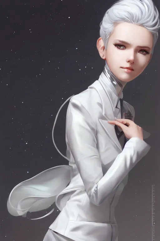 Image similar to a portrait of a scientist android girl with silver hair wearing white suit by artgerm and wlop and krenz cushart, painterly