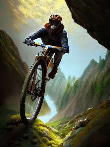 Image similar to handsome man riding a mountain bike in the wild, downhill. intricate, elegant, highly detailed, digital painting, artstation, cinematic shot, concept art, sharp focus, illustration, by justin gerard and artgerm, 8 k