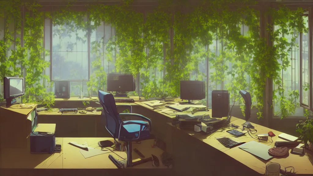 Prompt: interior of a home office, overgrown vines, dynamic lighting, dynamic colors, ilya kuvshinov, kyoani, hiroaki samura, yoshinari yoh, james jean, katsuhiro otomo, erik jones, cel shaded, anime poster