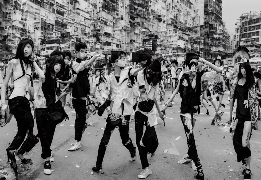 Image similar to fashion editorial in hong kong riot.