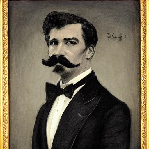 Prompt: action hero, suit, bow tie, mustache by alfred stevens in charcoal