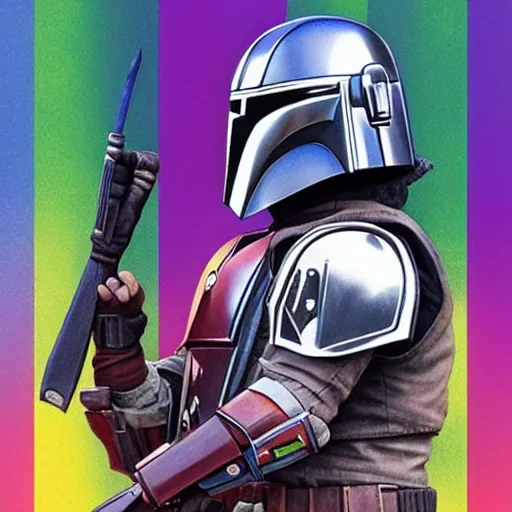 Image similar to the mandalorian's cape is a rainbow pride flag by ilya kuvshinov katsuhiro otomo