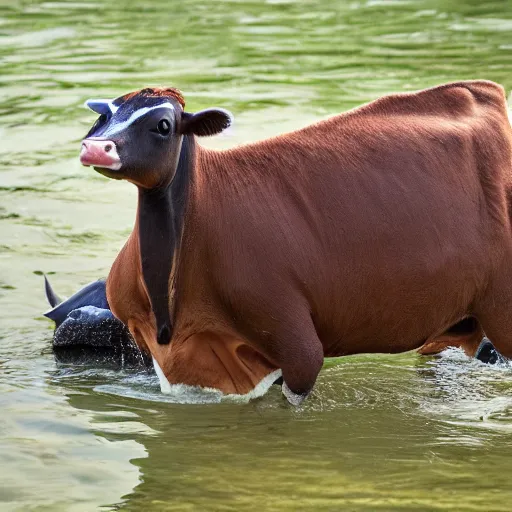 Image similar to a hybrid cow goose quacking at people