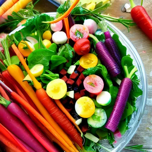 Image similar to a coleau salad with rainbow carrots