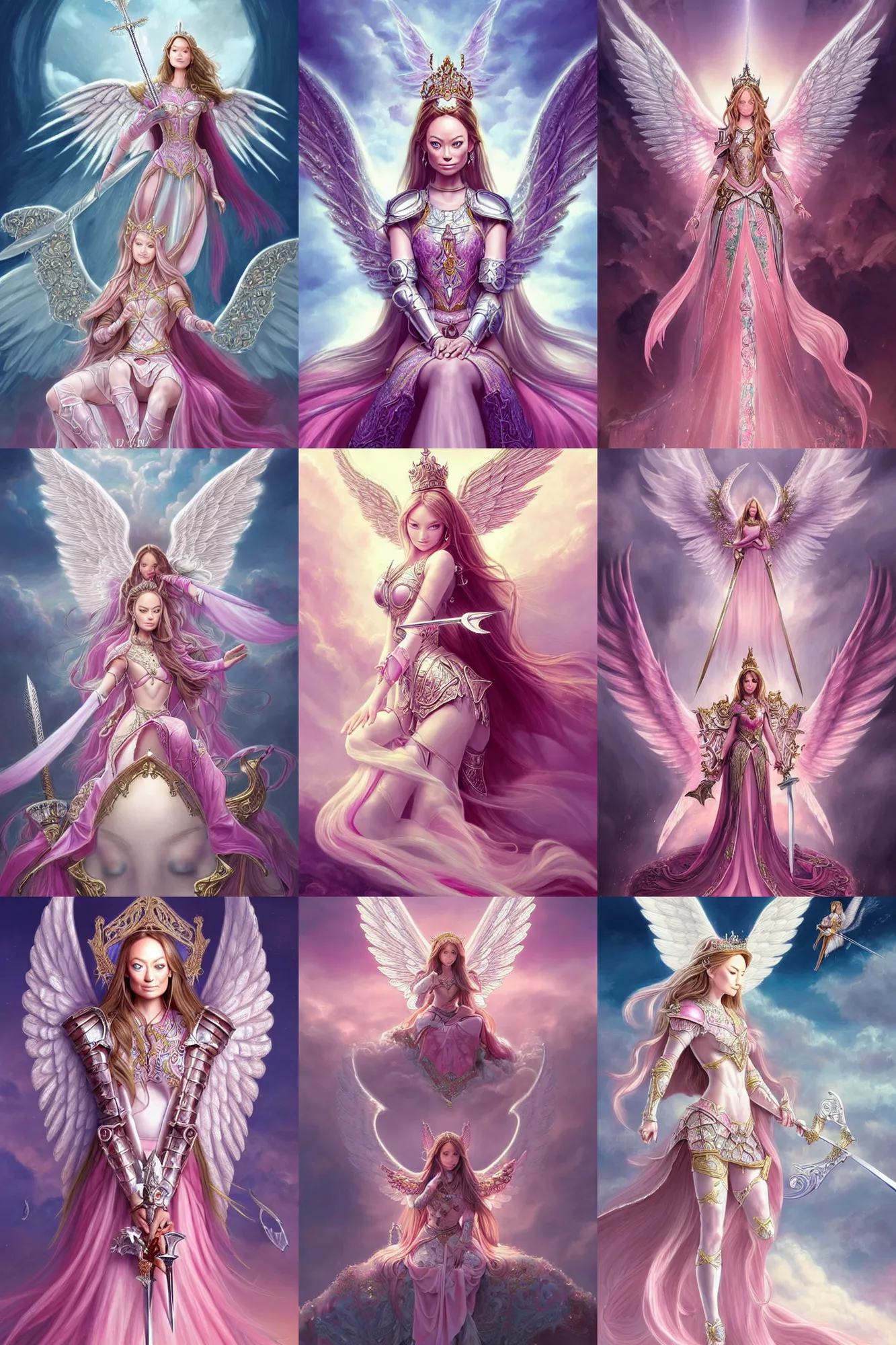 Prompt: gorgeous!! hyper - realistic princess resembling olivia wilde wearing ornate pink knight armor, angel wings, angemon l sitting at the thrown, holding a long sword | divine, elegant, ethereal, heavenly, clouds, holy city | illustration, intricate, high detail, ultra graphics, daz | drawn by wlop, drawn by jeehyung lee, drawn by artgerm