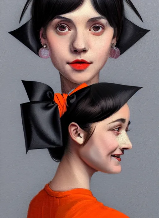 Image similar to portrait of high school girl, realistic, black hair, bangs, half updo hairstyle, pointy nose, skinny, smile, ugly, defined jawline, big chin, orange hair bow, earrings, intricate, elegant, riverdale, highly detailed, digital painting, artstation, sharp focus, illustration, art by wlop, mars ravelo and greg rutkowski