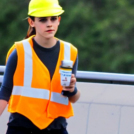 Image similar to emma watson in a hi vis vest picking up trash on the side of the interstate. paparazzi photo,