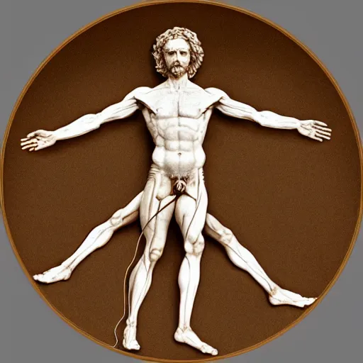 Image similar to Da Vinci's Vitruvian Man as a marble sculpture by Michelangelo, 4k, hyperrealistic, detailed, accurate anatomy, four legs, four arms, octane render, studio lighting