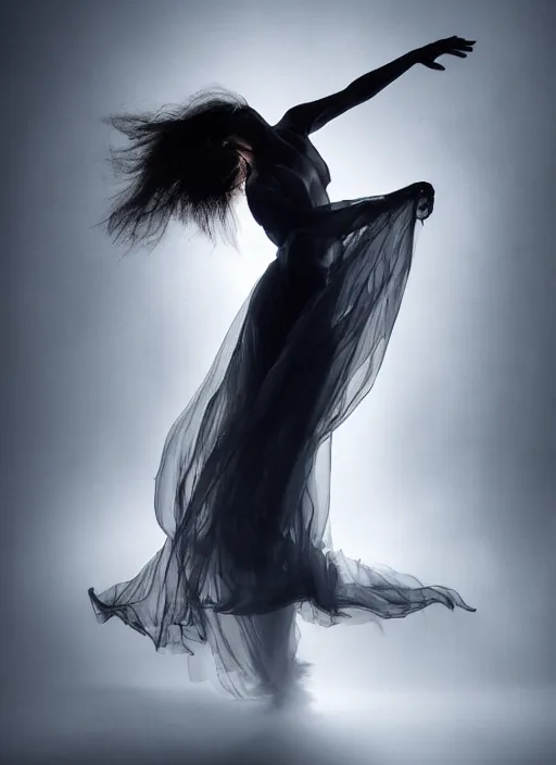 Image similar to a Photorealistic dramatic hyperrealistic render of a glamorous beautiful Female smoke dancer by Ken Brower and Deborah Ory of NYC Dance project,Lois Greenfield,Flowing cloth and smoke,Beautiful dynamic dramatic dark moody lighting,volumetric,shadows,cinematic atmosphere,Octane render,8K