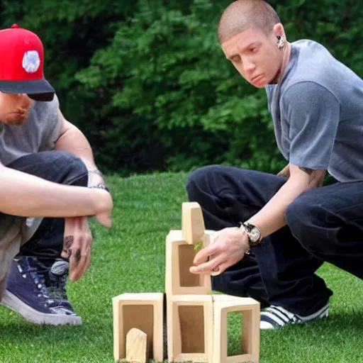 Prompt: Eminem with a dog plays with wooden blocks at Central Park