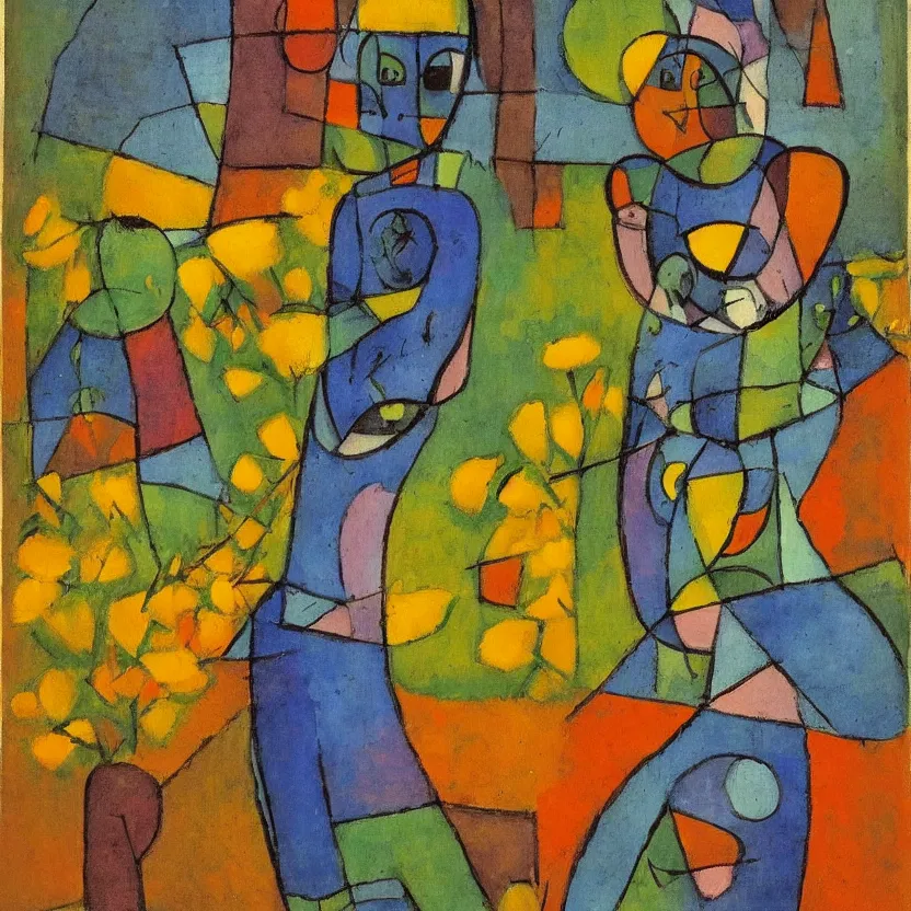 Image similar to a painting in the style of Paul Klee, a man looks through the window of an old house and sees a woman in a blue dress surrounded by sun flowers