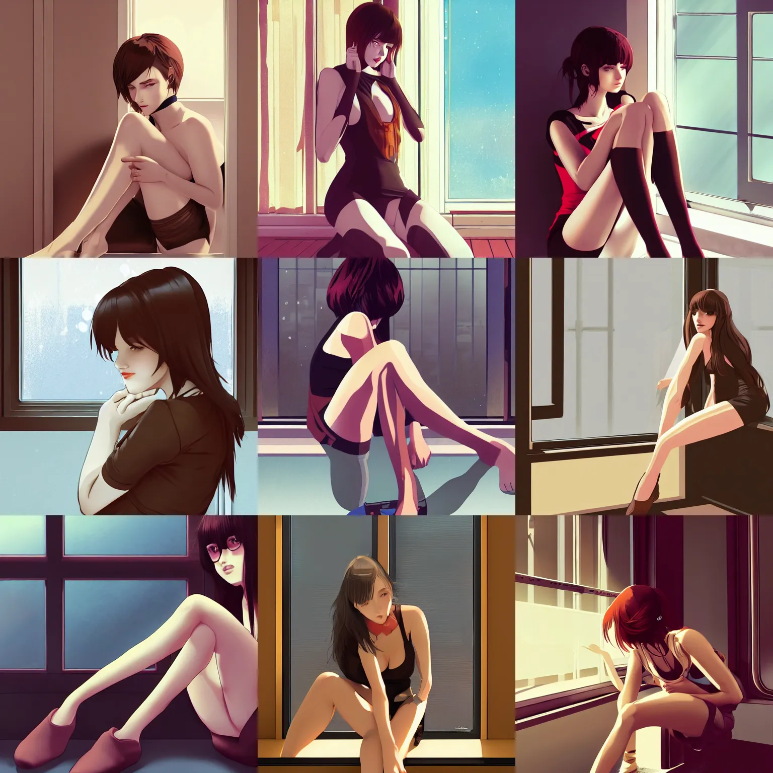 Prompt: sexy woman with dark brown, sitting on the floor leaning against the window, wearing kneesocks, wearing tanktop, light brown hair, in the style of ilya kuvshinov, high quality digital art