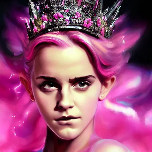 Prompt: pink portrait of beautiful female angel queen Emma Watson head wearing shiny pink crown, subtle purple accents, hyper details, black metal rococo, sculpted by Alex Alice, Craig Mullins, yoji shinkawa, trending on artstation, beautifully lit, Peter mohrbacher, hyper detailed, insane details, intricate, elite, elegant, luxury, ray of light through smoke, CGsociety, hypermaximalist, golden ratio, volumetric, octane render, weta digital, micro details, 3d sculpture