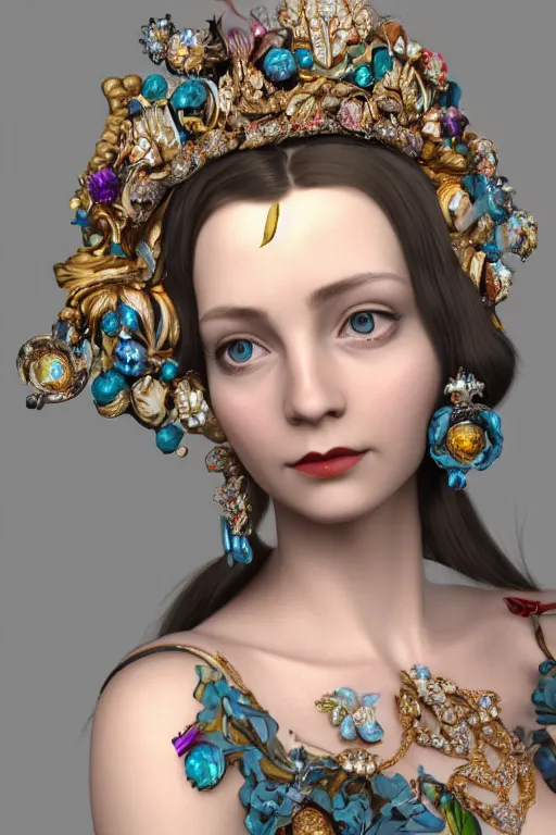 Prompt: face closeup, 3 d render of english princess holding birds, ornaments, jewels, diamonds, mucha vibe, dieselpunk, solarpunk, artstation