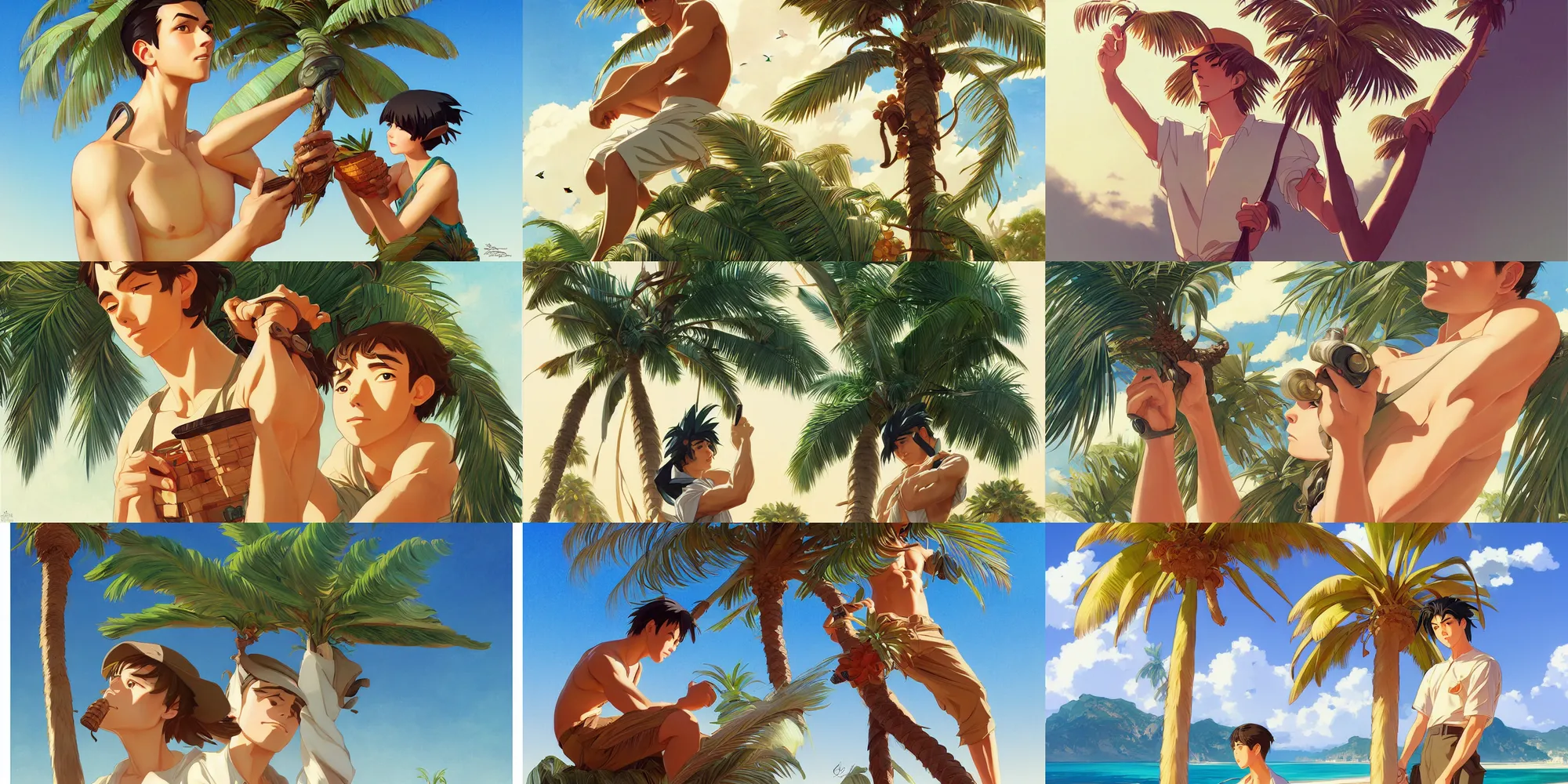 Prompt: palm tree, cute male, in the style of studio ghibli, j. c. leyendecker, greg rutkowski, artgerm