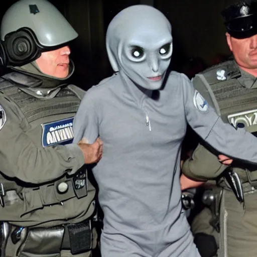 Image similar to extraterrestrial zeta reticulan grey alien, being arrested by spetsnaz