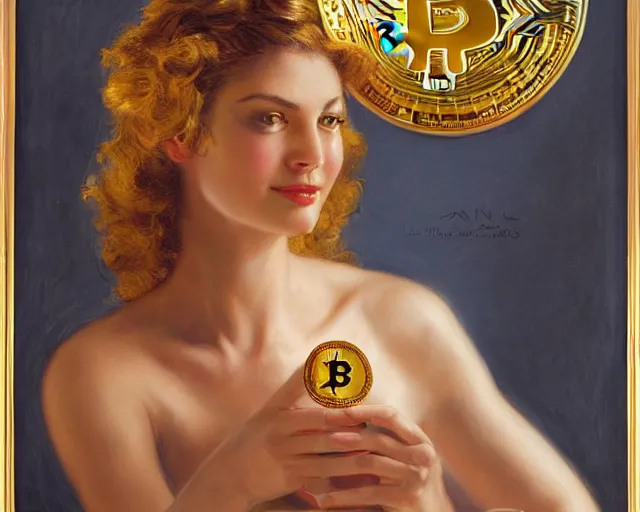 Image similar to attractive woman holding a golden bitcoin, commercial by annie liebovitz, gaston bussiere, craig mullins, j. c. leyendecker