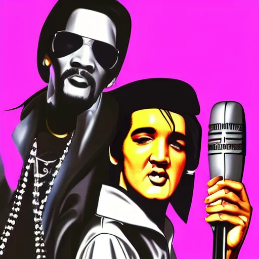 Image similar to elvis presley and snoop dog singing a duet one microphone, detailed, beautiful, colorful, black velvet painting, digital art